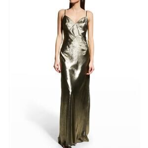 Aidan Mattox V-Neck Foiled Bias Gown Gold Size 8 NWT